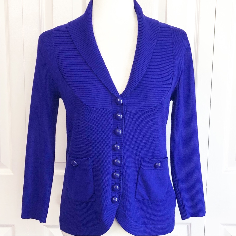 Simply Chloe Dao XS Indigo Blue Ribbed Knit Button Down Cardigan